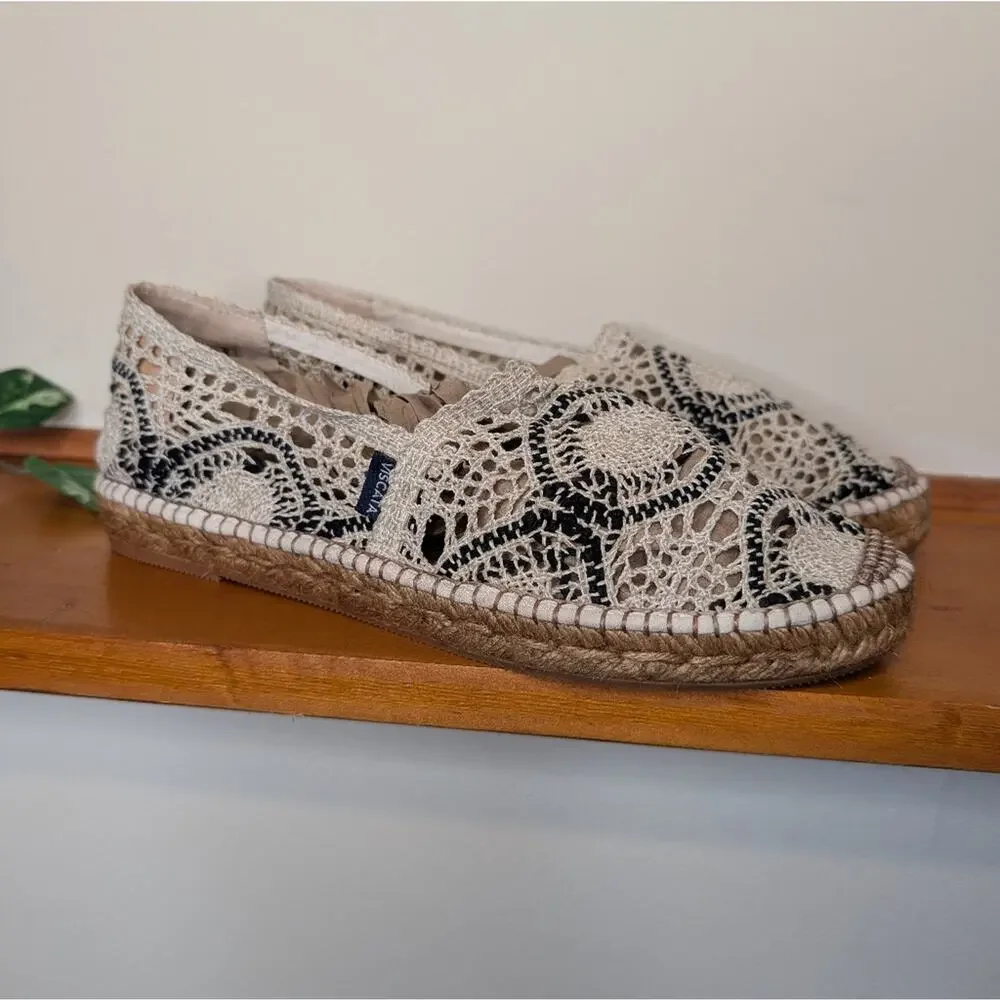 Viscata Barcelona Crochet Espadrille Flats | Natural Beige & Navy | Size 41